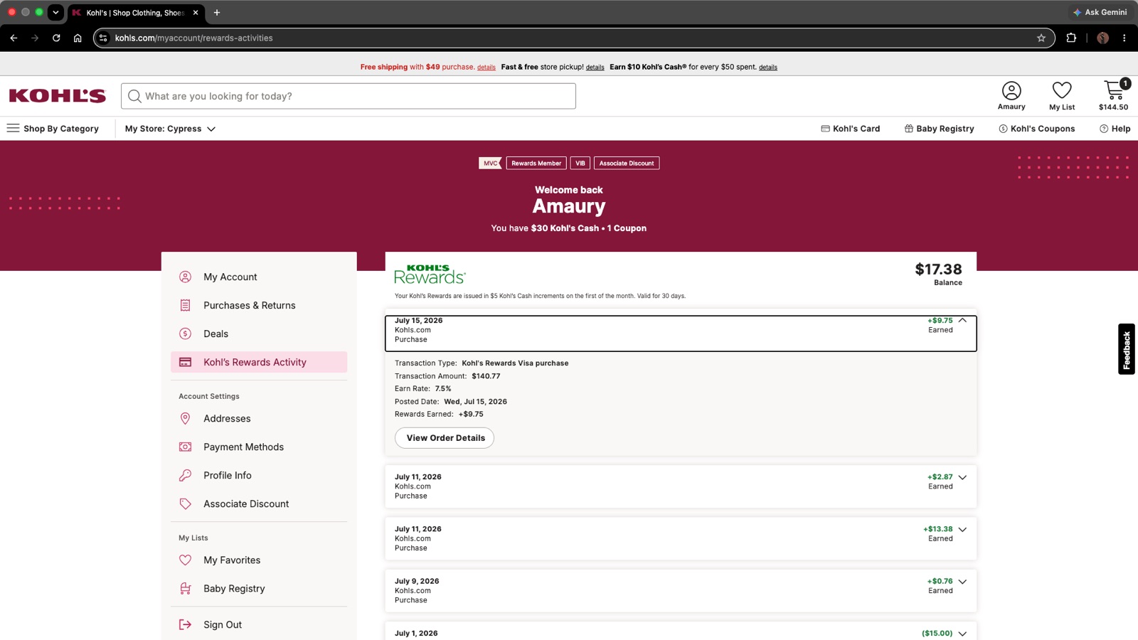 Kohl’s Rewards Activity page on desktop, live on kohls.com