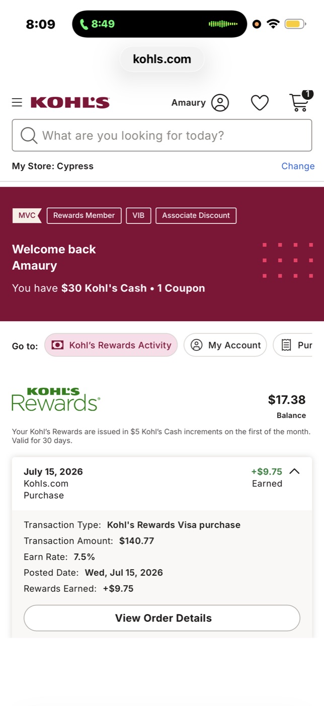 Kohl’s Rewards Activity page on mobile